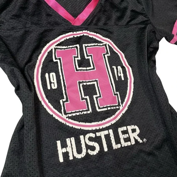 Hustler Jersey Top Womens XL Punk Hot Pink Black Mesh T Shirt Sexy Bad B*tch Y2k - Picture 3 of 7